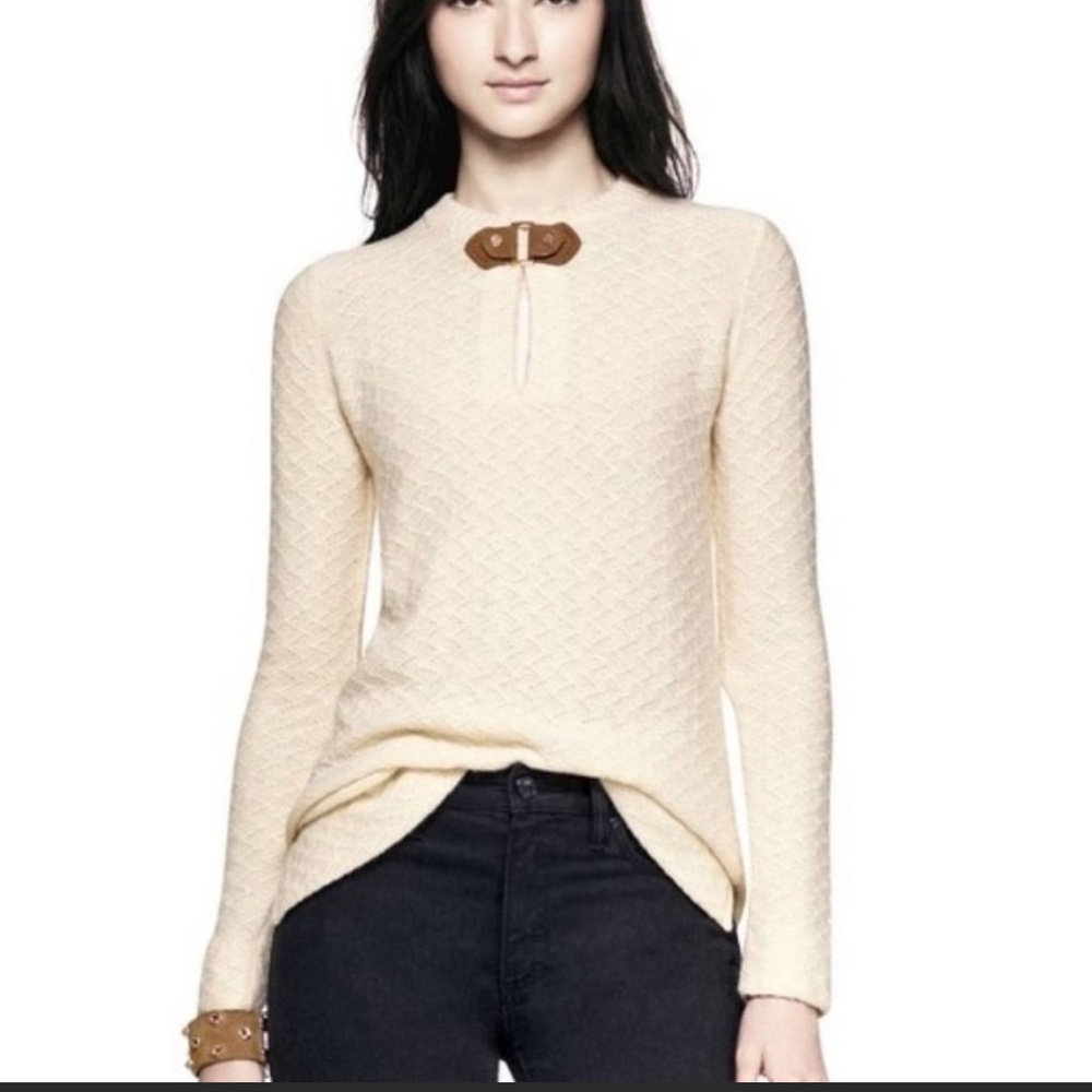 Tory Burch Mimi Tunic Sweater Wool Blend Keyhole Cream White Long Sleeve